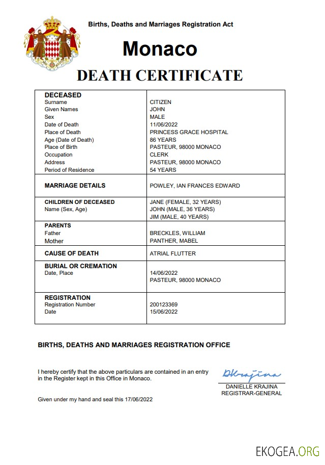 Acte d'état civil de Monaco modèle Word et PDF